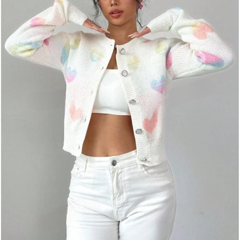 Beautiful Heart Print Knit Slim Cardigan